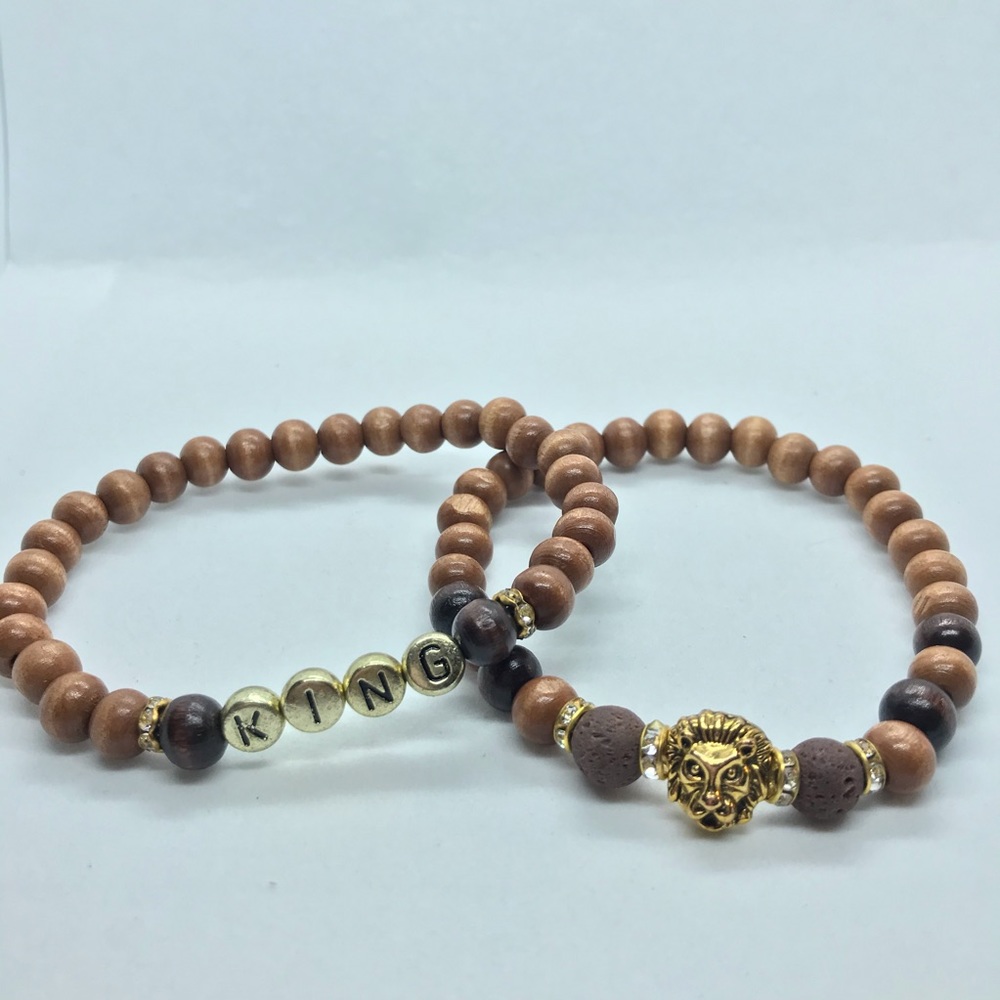 Gold Lion Charm/King wooden Bracelet set